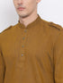 Vastramay Men's Brown Cotton Blend Kurta and White Dhoti Set